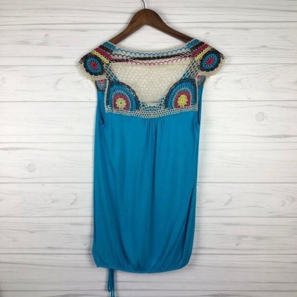 Forever 21 XXI Geometric Crochet Tie Draped Cap Sleeve ScoopNeck‎ Popover Blouse - Picture 3 of 6